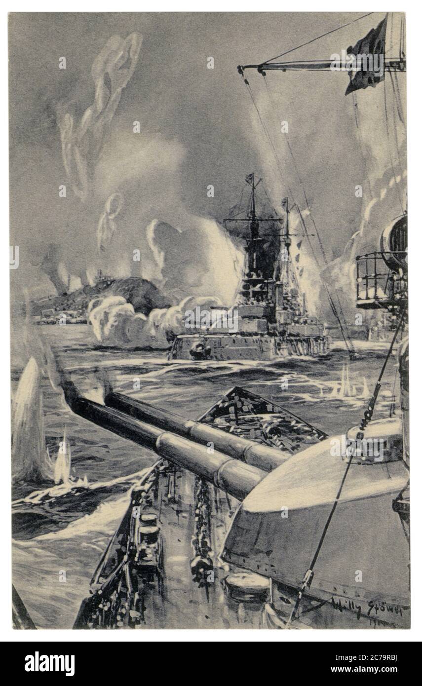 Postal histórica alemana: Bombardeo de Scarborough por buques de guerra alemanes. Armas de gran calibre disparan en la ciudad inglesa, el 16 de diciembre de 1914 Foto de stock