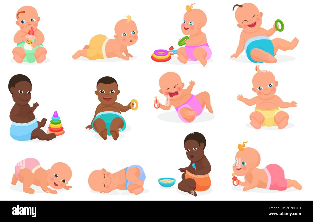 Bebé recién nacido. bebé lindo niño o niña bebés, bebé infantil bañándose,  durmiendo y jugando actividades conjunto de ilustraciones vectoriales.  bebés recién nacidos. niños niños en bañera, recién nacido durmiendo y  alimentación