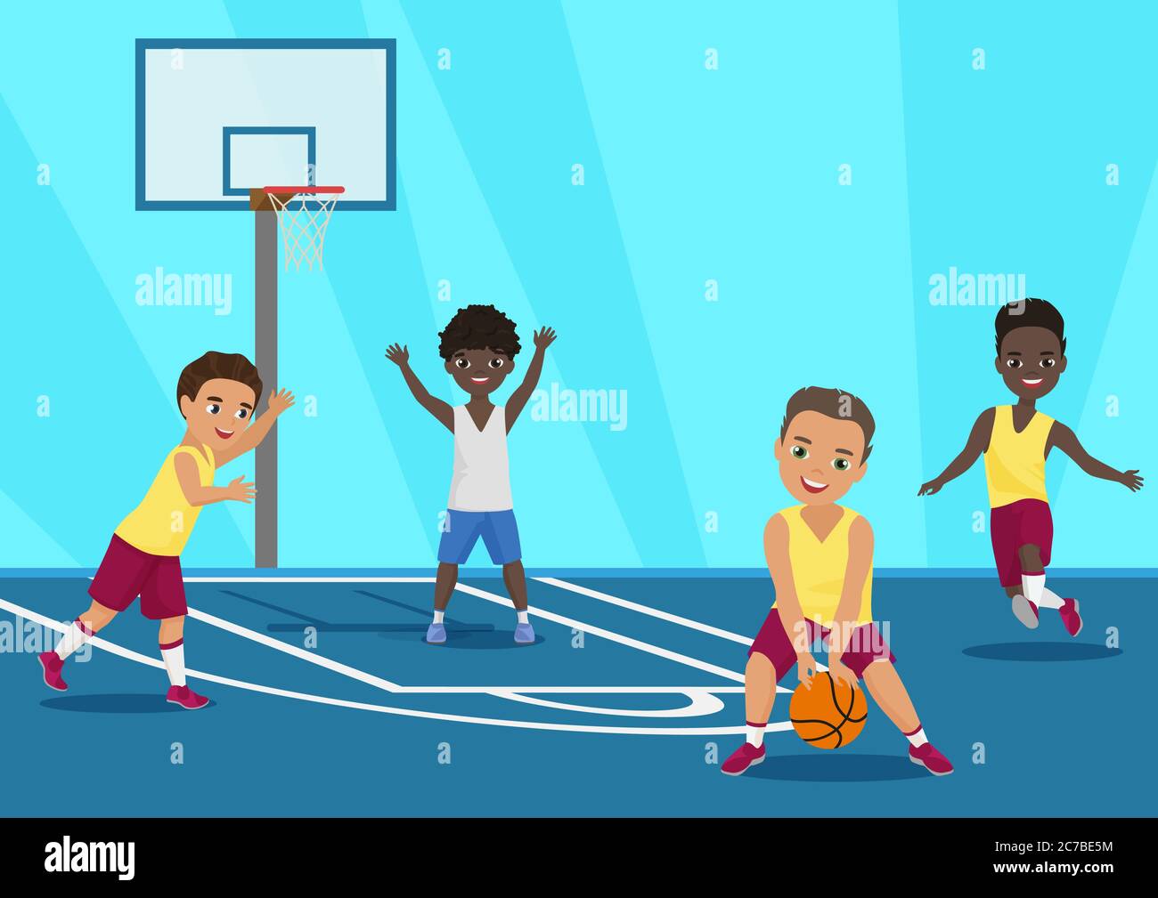 Dibujo de dibujos animados vectoriales de niños jugando baloncesto en  schoool Imagen Vector de stock - Alamy