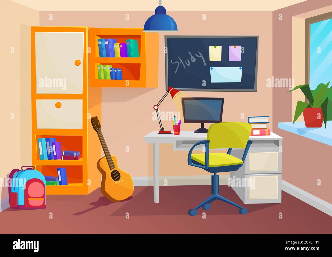 Cuarto de estudiante o alumno. Lugar de trabajo en la habitación.  Ilustración volumétrica de dibujos animados vectoriales Imagen Vector de  stock - Alamy