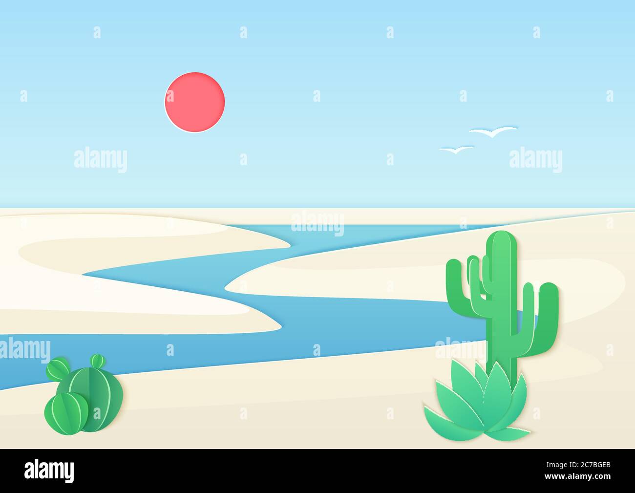 Paisaje desértico de arena blanca con río oasis. Ilustración de color de degradado vectorial Ilustración del Vector