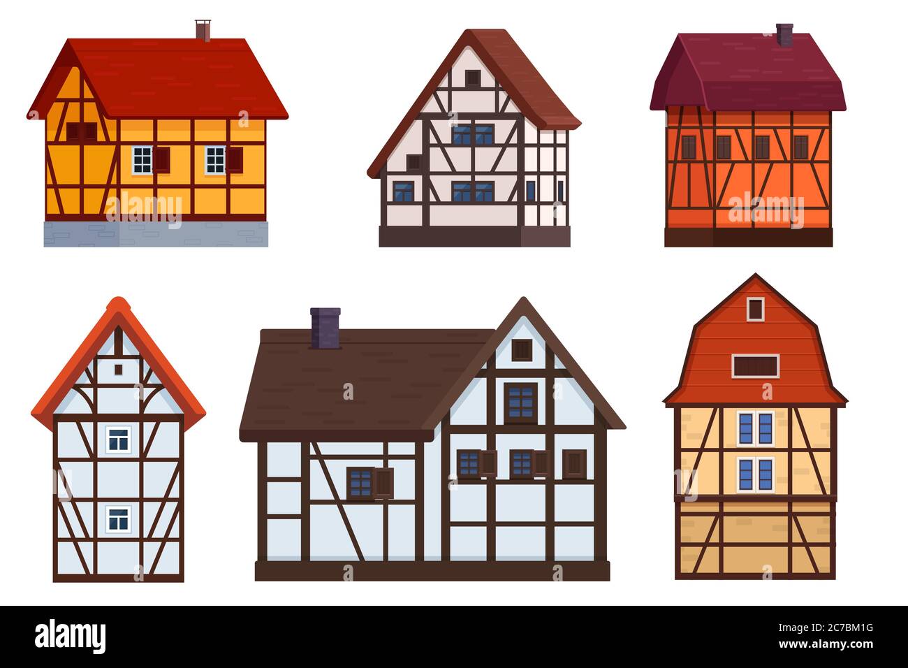 Conjunto de casas de entramado de madera sobre blanco Ilustración del Vector