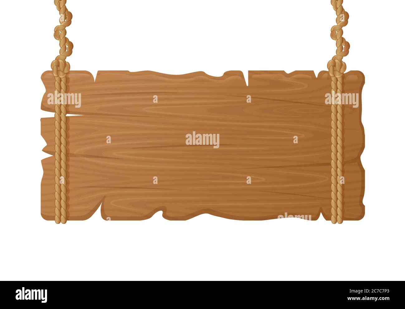 Tabla de madera para colgar. Letrero de madera vacía en la cuerda