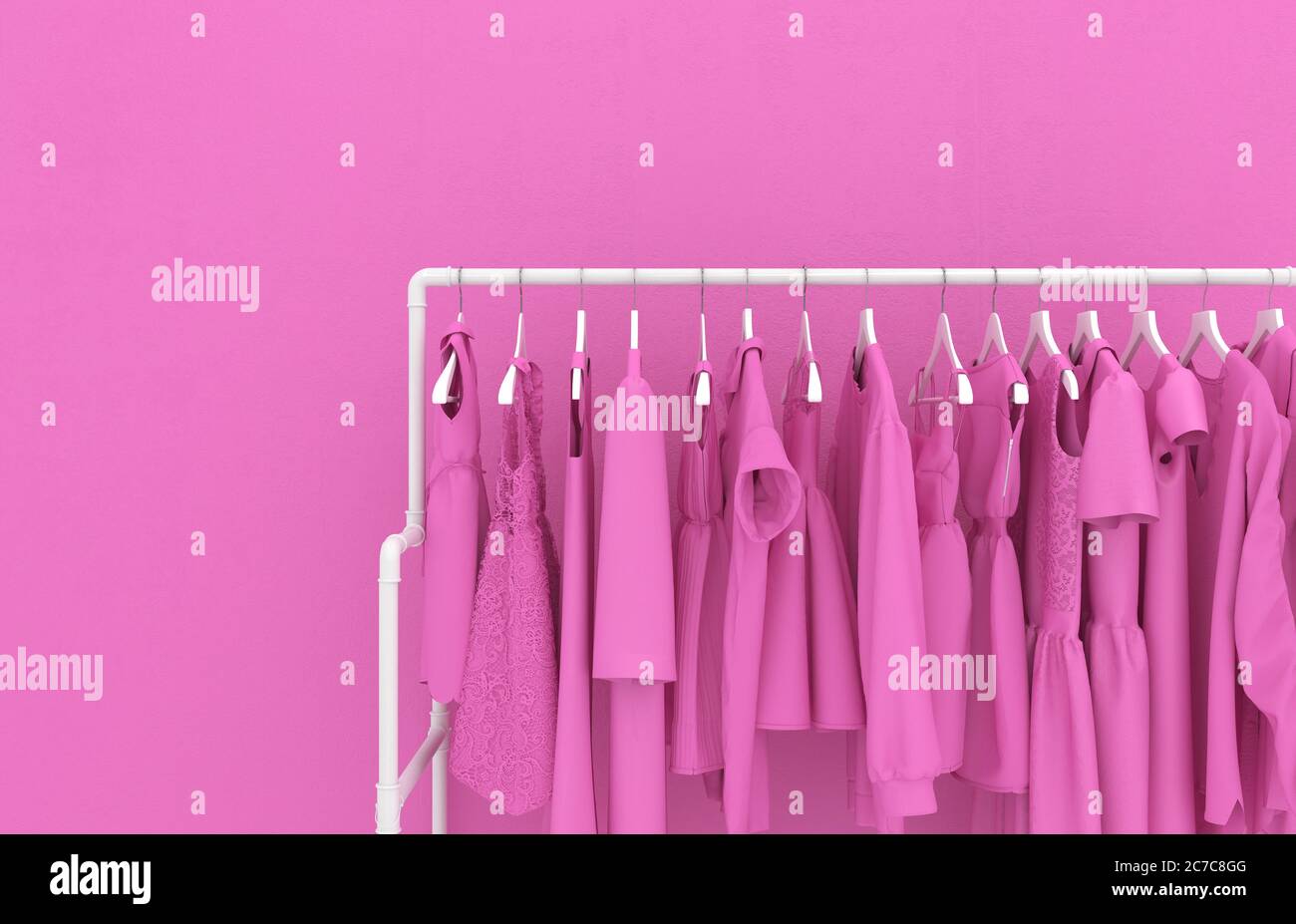 Percha con ropa de mujer rosa contra el fondo de una pared rosa. Ropa rosa monótona. Ilustración conceptual creativa con espacio de copia. 3D Foto de stock