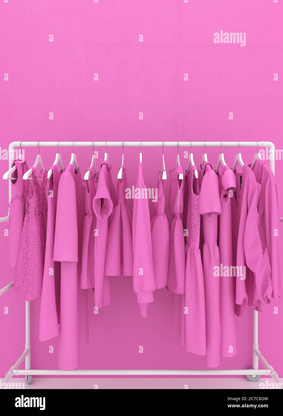 Percha con ropa de mujer rosa contra el fondo de una pared rosa. Ropa rosa monótona. Ilustración conceptual creativa con espacio de copia. 3D Foto de stock