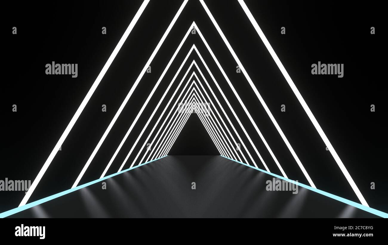 Fondo abstracto líneas brillantes túnel, luces de neón, portal triangular. Color blanco. Imagen de renderizado en 3D Foto de stock