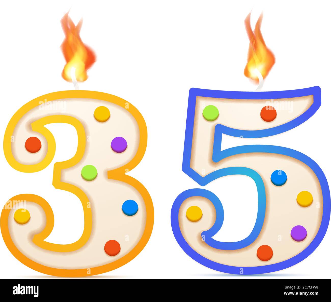 Treinta y cinco años aniversario, 35 número en forma de vela de cumpleaños  con fuego sobre blanco Imagen Vector de stock - Alamy
