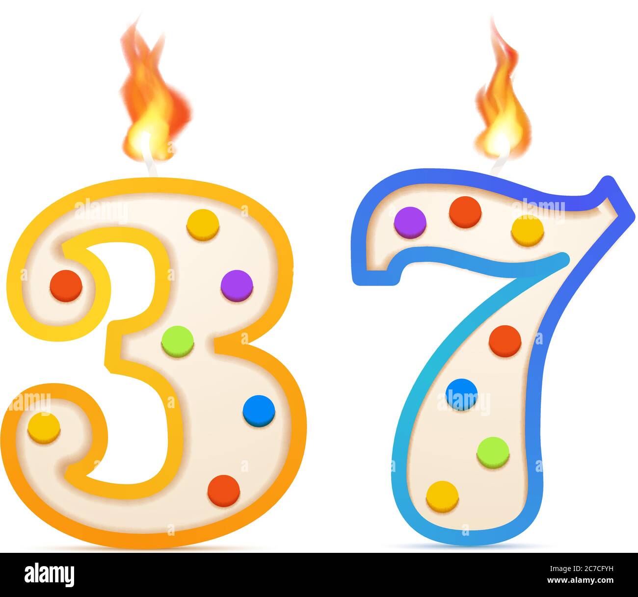 Treinta y siete años, 37 número de velas de cumpleaños con fuego en blanco  Imagen Vector de stock - Alamy