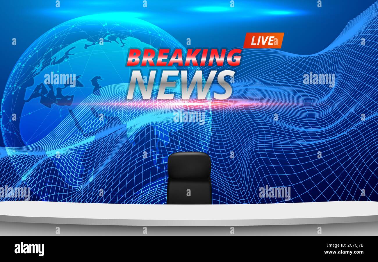 mesa blanca y sillas con noticias de última hora en vivo sobre fondo lcd en el estudio de noticias Ilustración del Vector