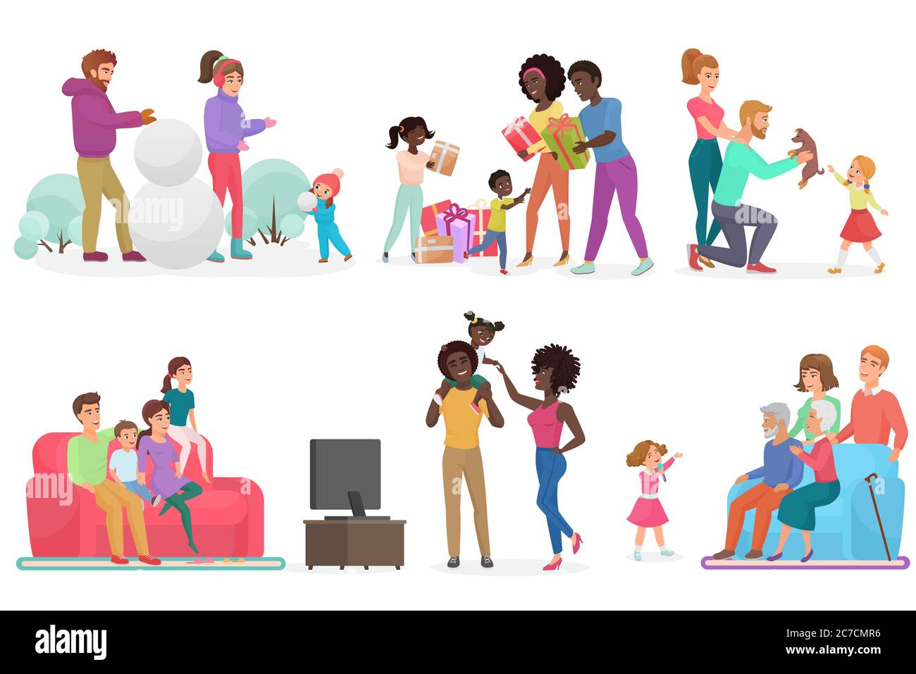 Escenas De Dibujos Animados De La Vida Familiar Madre Padre Hija E Hijo Padres Con Ninos Viendo La Television Caminando Jugando Bolas De Nieve Y Jugando Fuera De La Ilustracion Vectorial Imagen