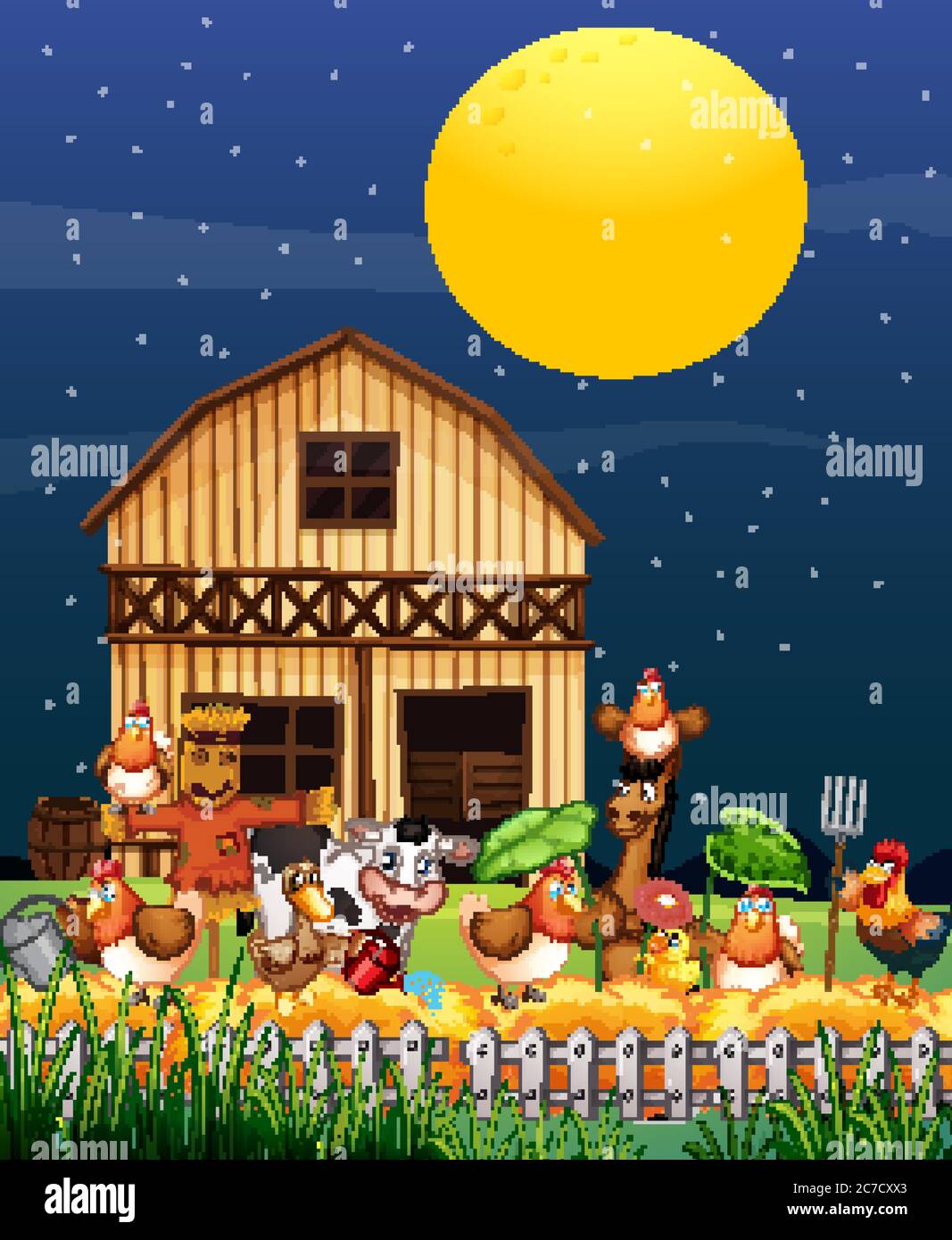Escena de granja con granja de animales en la noche dibujos animados estilo  Imagen Vector de stock - Alamy