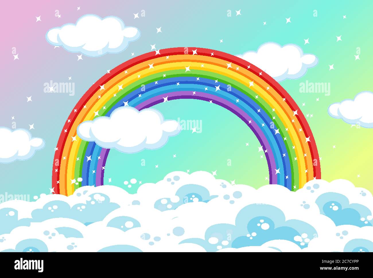 Arco iris con nubes y brillo en el cielo pastel ilustración de fondo Imagen  Vector de stock - Alamy
