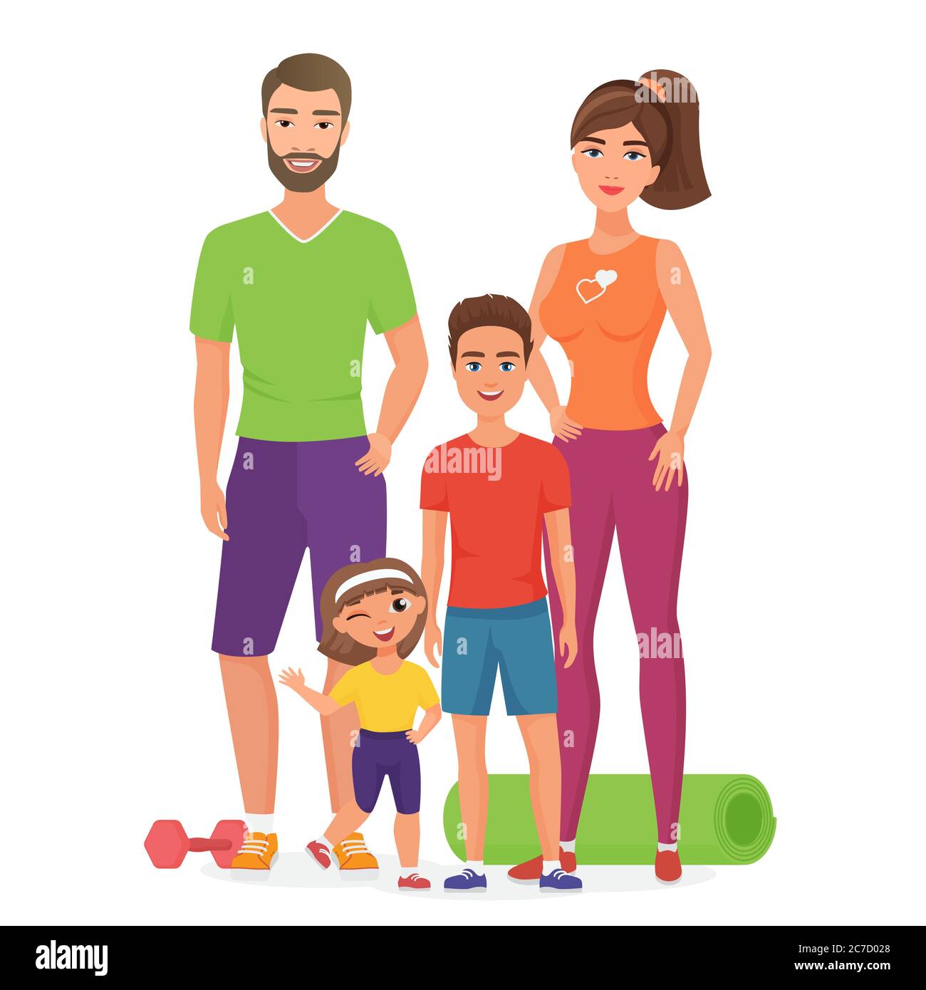 Deporte estilo de vida saludable familia joven con niños lindos. Padre,  madre, hijo e hija involucrados en actividades de fitness. Deporte familia  dibujos animados vector ilustración aislada Imagen Vector de stock -