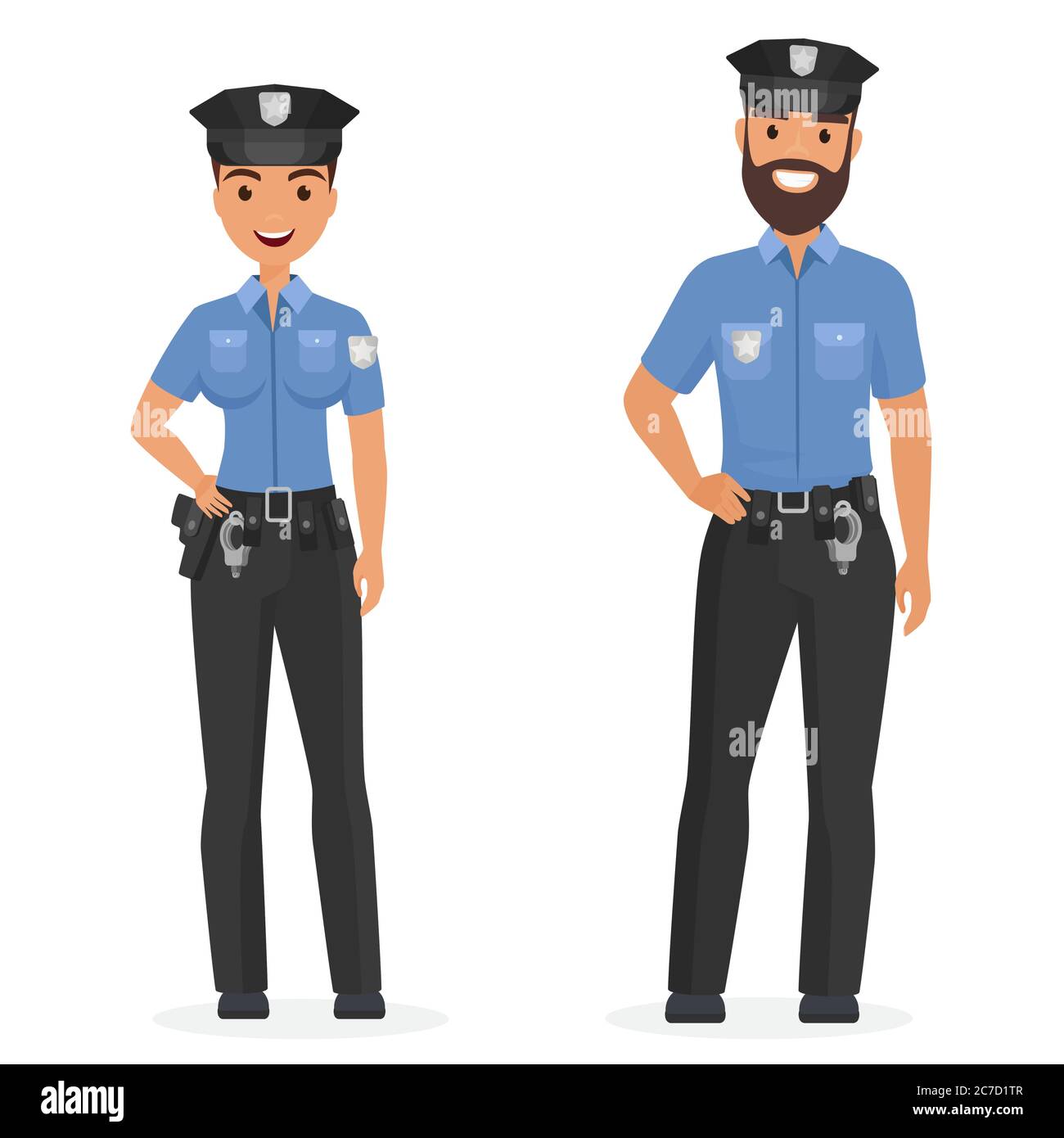 Dos jóvenes oficiales de policía felices, hombre y mujer aislados dibujos vectoriales dibujos