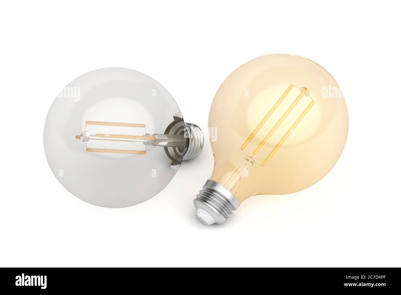 Dos bombillas LED decorativas con diferentes temperaturas de color sobre fondo blanco Foto de stock