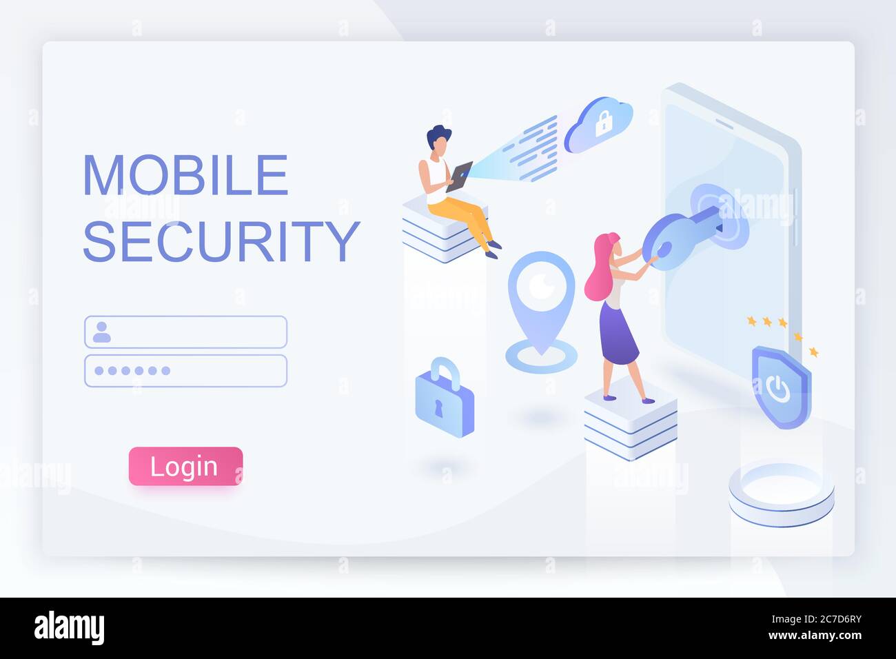 Seguridad móvil y privacidad plantilla isométrica de página de aterrizaje vectorial. Cifrado de datos personales y concepto de ciberseguridad 3d. Seguridad en línea y seguridad en Internet. Contraseña del smartphone, autenticación de usuario Ilustración del Vector