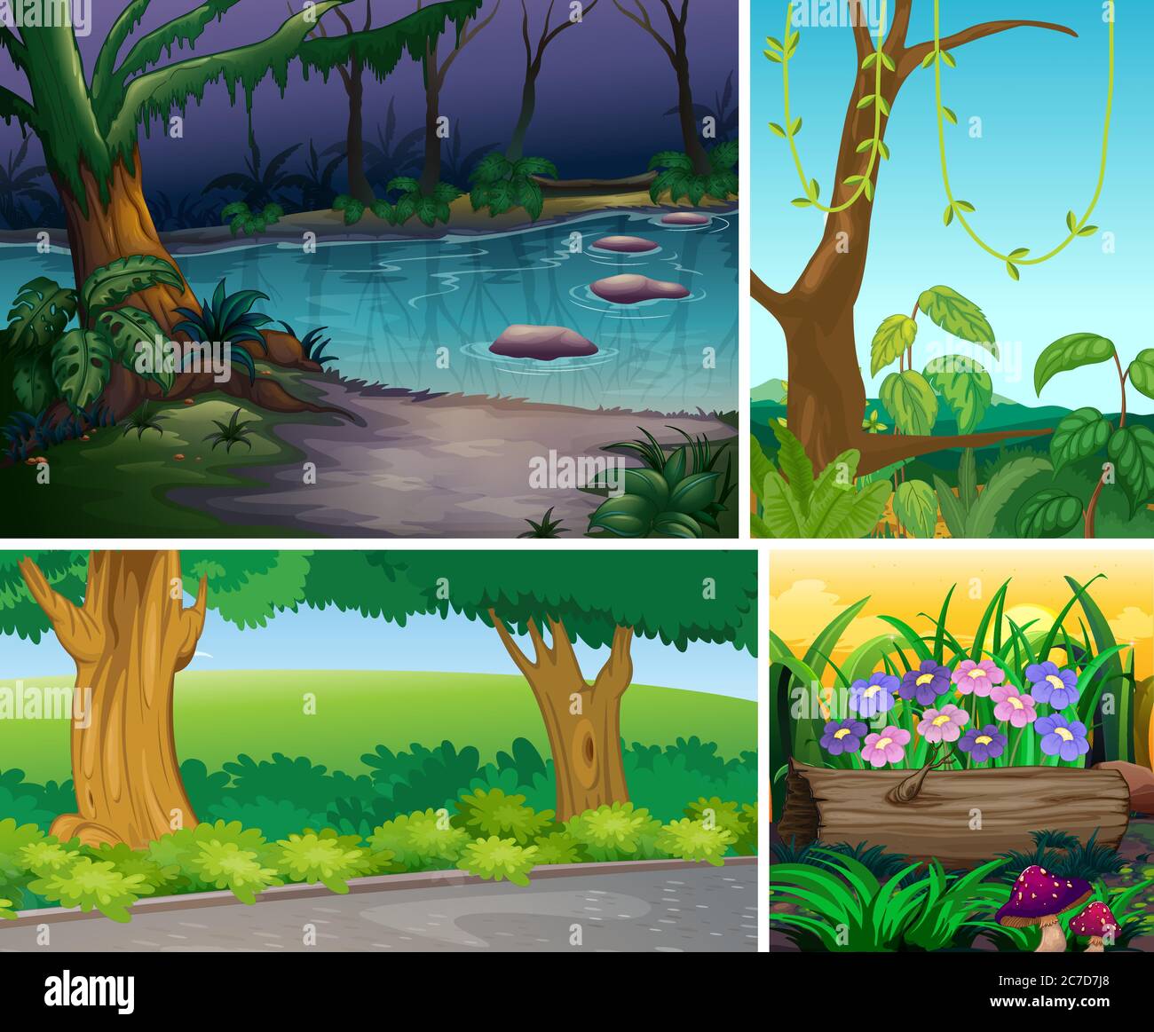 Cuatro diferentes escenas de naturaleza de bosque y pantano dibujos  animados estilo Imagen Vector de stock - Alamy
