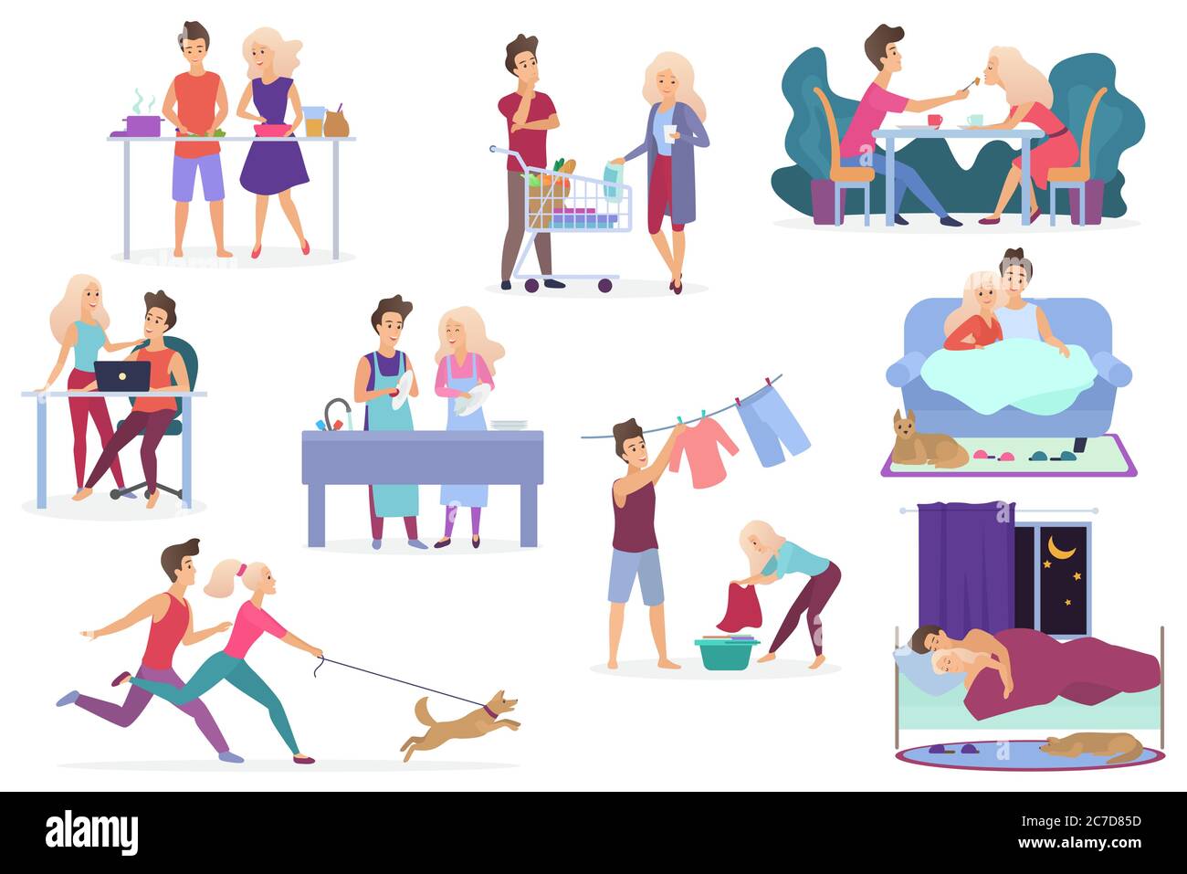 Conjunto de actividades de pareja amante de vectores. Cocinar, comprar productos, cenar, trabajar, relajarse, ver películas, pasar una noche romántica juntos, lavar ropa, caminar con perro mascota, dormir Imagen Vector de stock - Conjunto de actividades de pareja amante de vectores. Cocinar, comprar productos, cenar, trabajar, relajarse, ver películas, pasar una noche romántica juntos, lavar ropa, caminar con perro mascota, dormir Imagen Vector de stock -