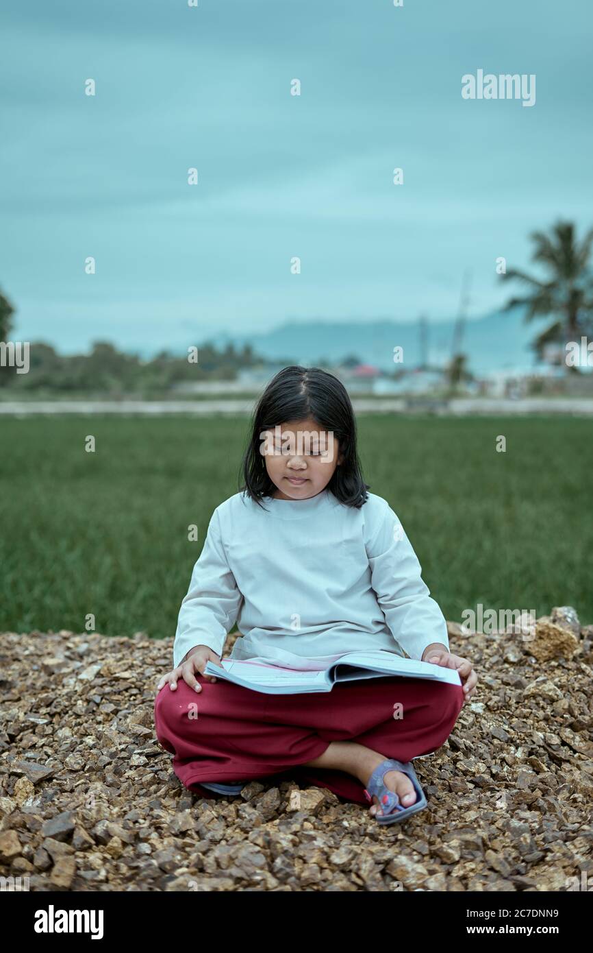 Niñas asiáticas en el estudio de uniformes escolares en el campo del arroz, concepto de Nueva normal para la Educación Foto de stock
