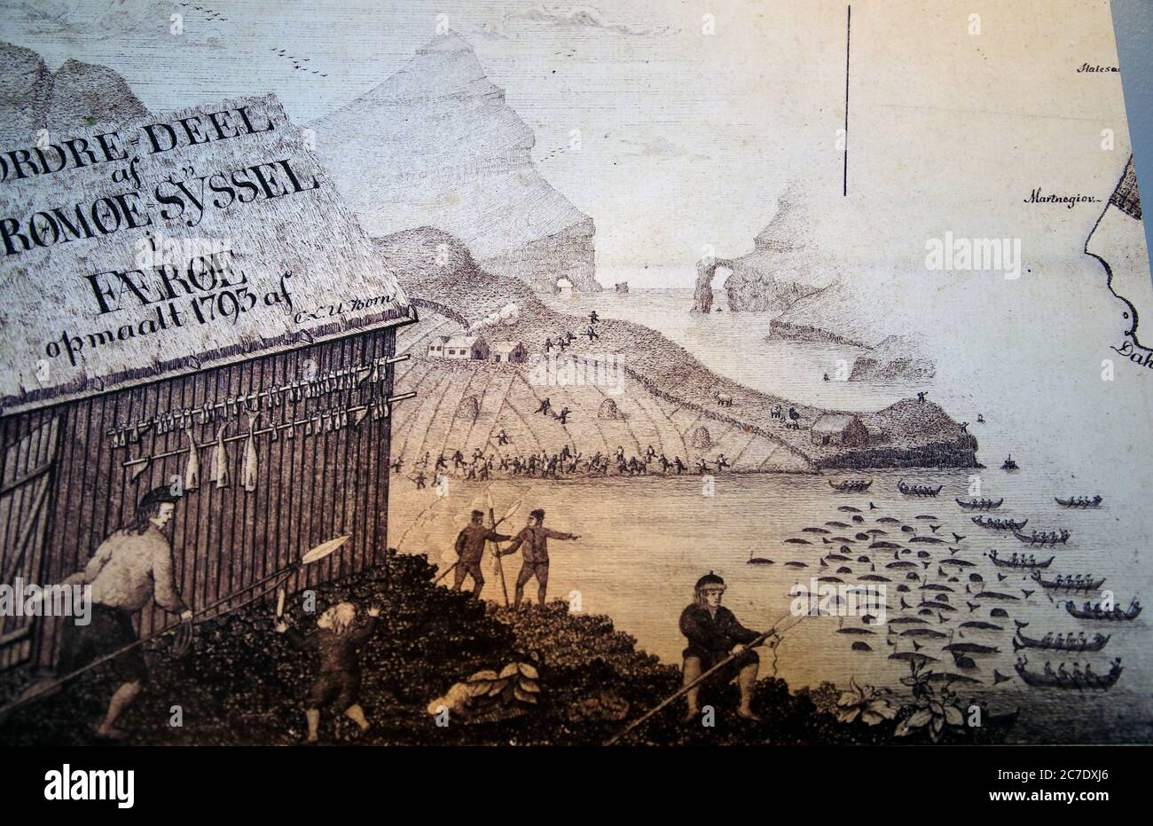 Dibujo histórico de la muestra de la escena ballenera local en el Museo Nacional de las Islas Feroe.Torshavn.Streymoy.Islas Feroe.Territorio de Dinamarca Foto de stock