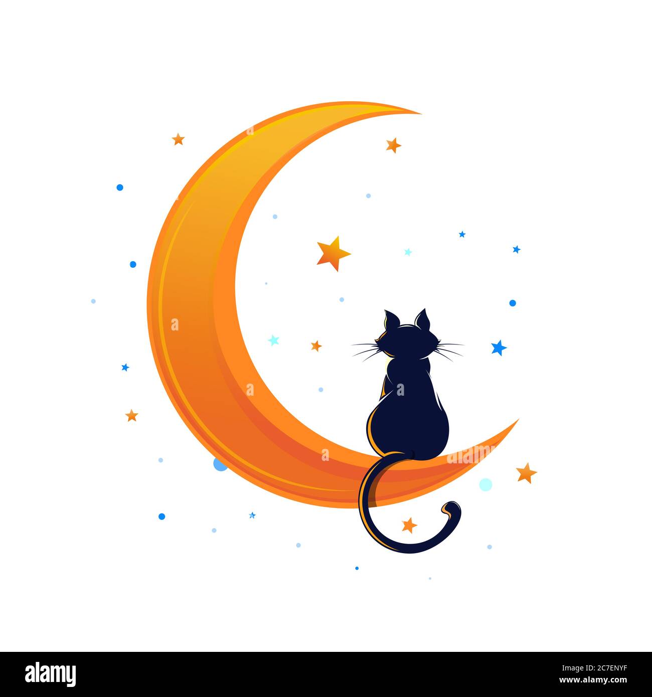 Gato sentado en una luna creciente rodeado de estrellas Imagen Vector de  stock - Alamy