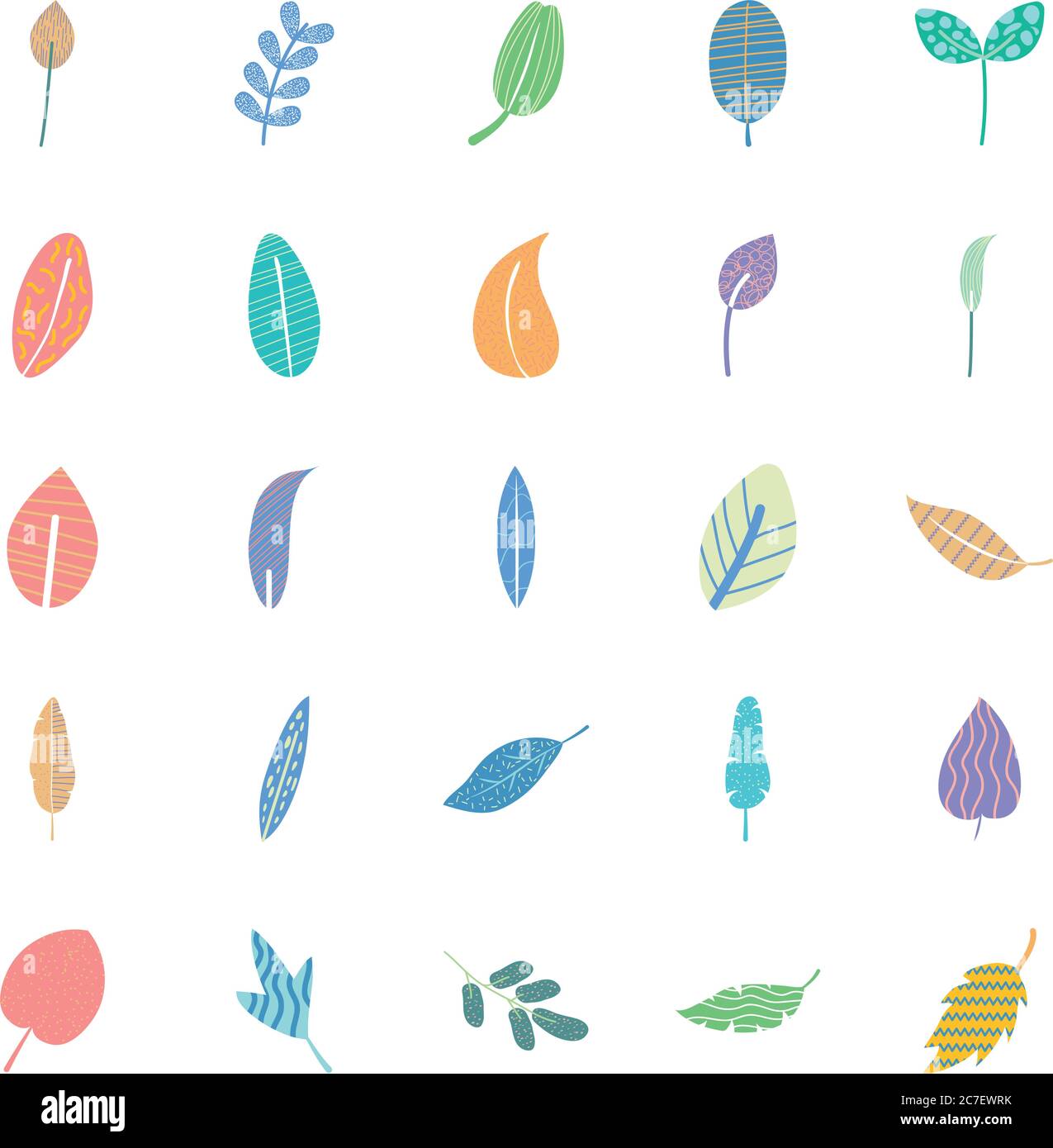 conjunto de iconos de hojas tropicales abstractas y coloridas sobre fondo blanco, estilo plano, ilustración vectorial Ilustración del Vector