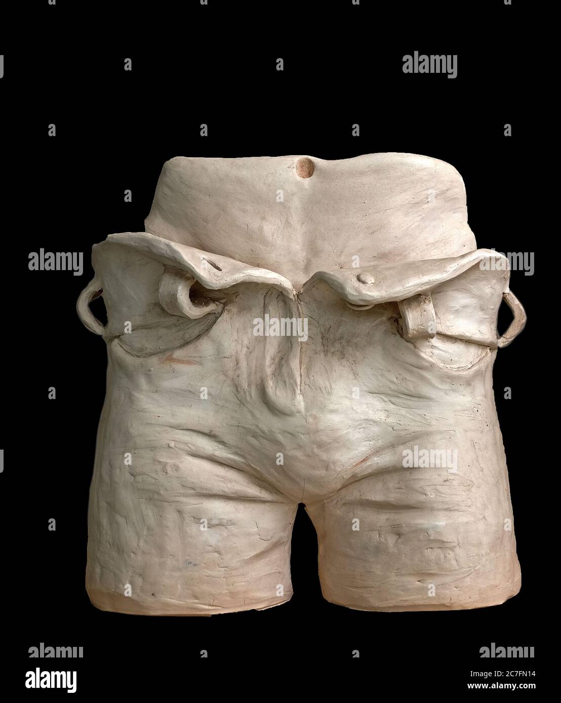 Imagen escultórica de la parte central del cuerpo humano desde el cinturón hasta las rodillas en pantalones desabrochados Foto de stock