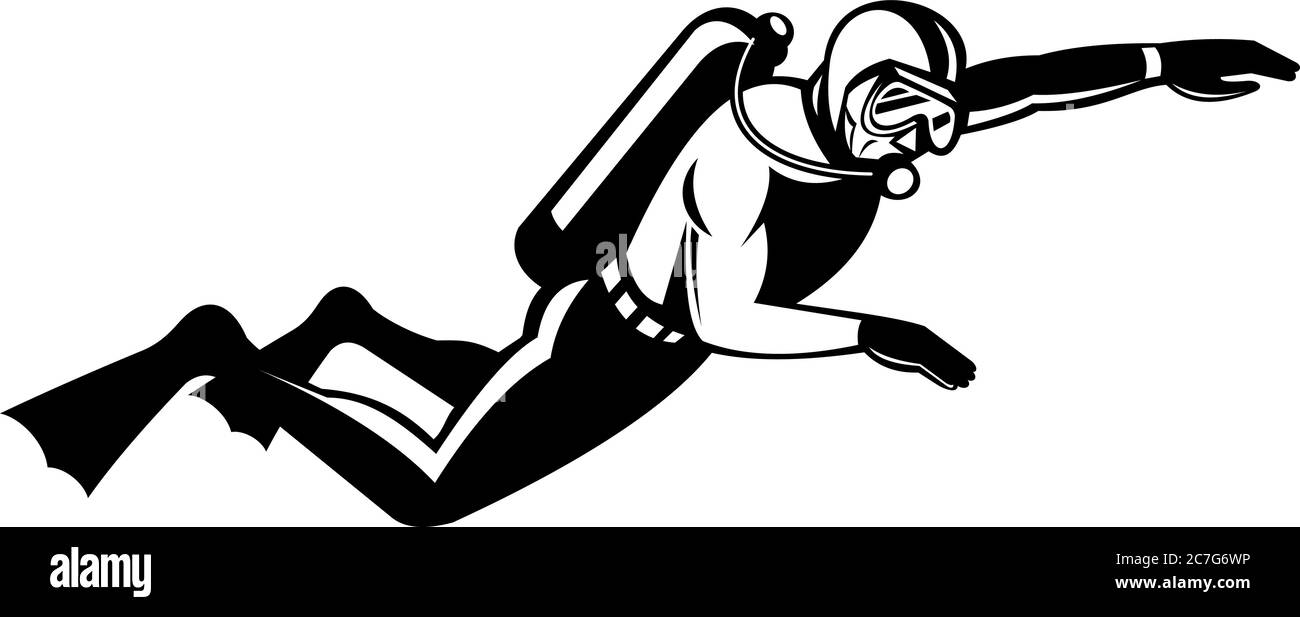 Ilustración retro en blanco y negro de un buceador nadando visto desde