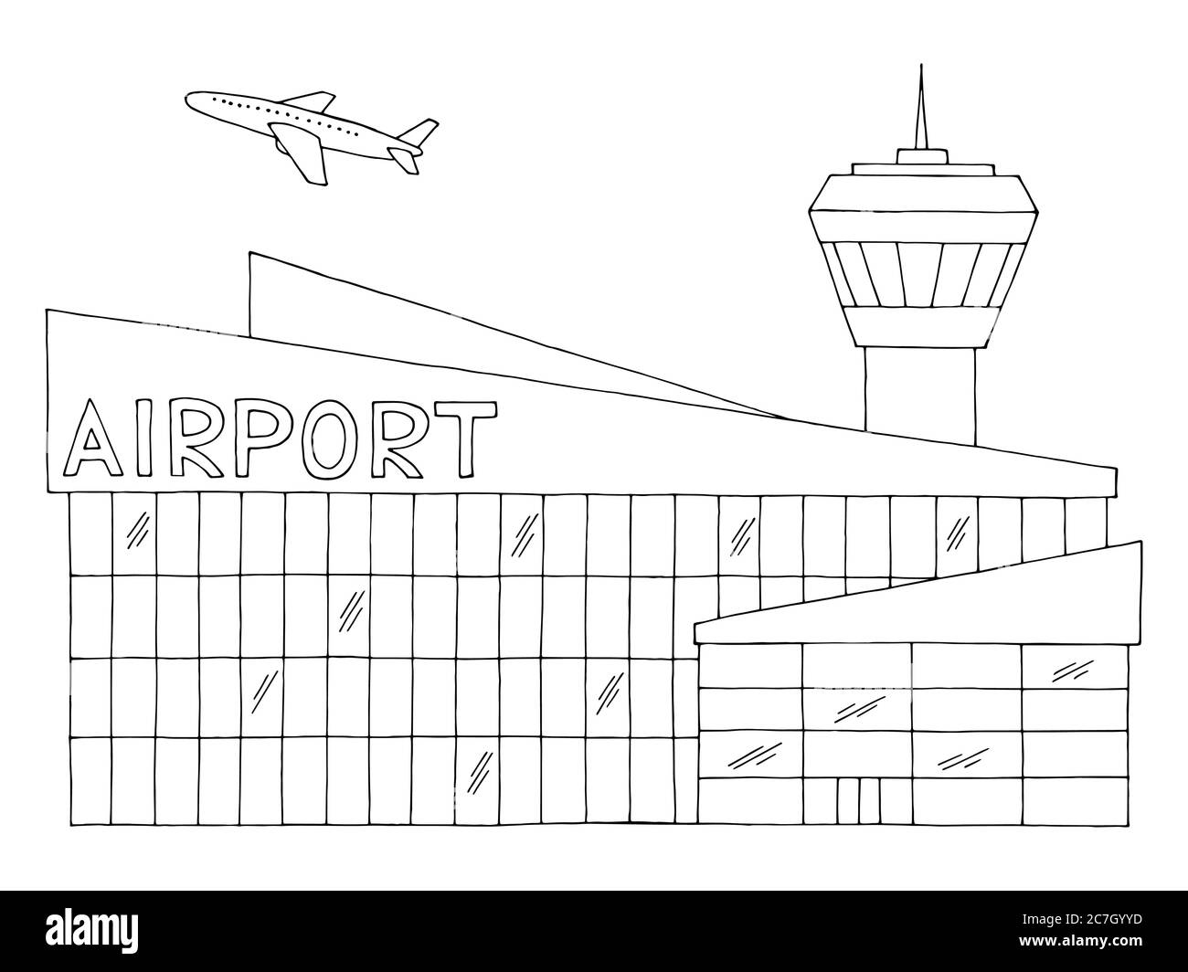 Edificio del aeropuerto exterior gráfico negro blanco aislado dibujo  ilustración vector Imagen Vector de stock - Alamy