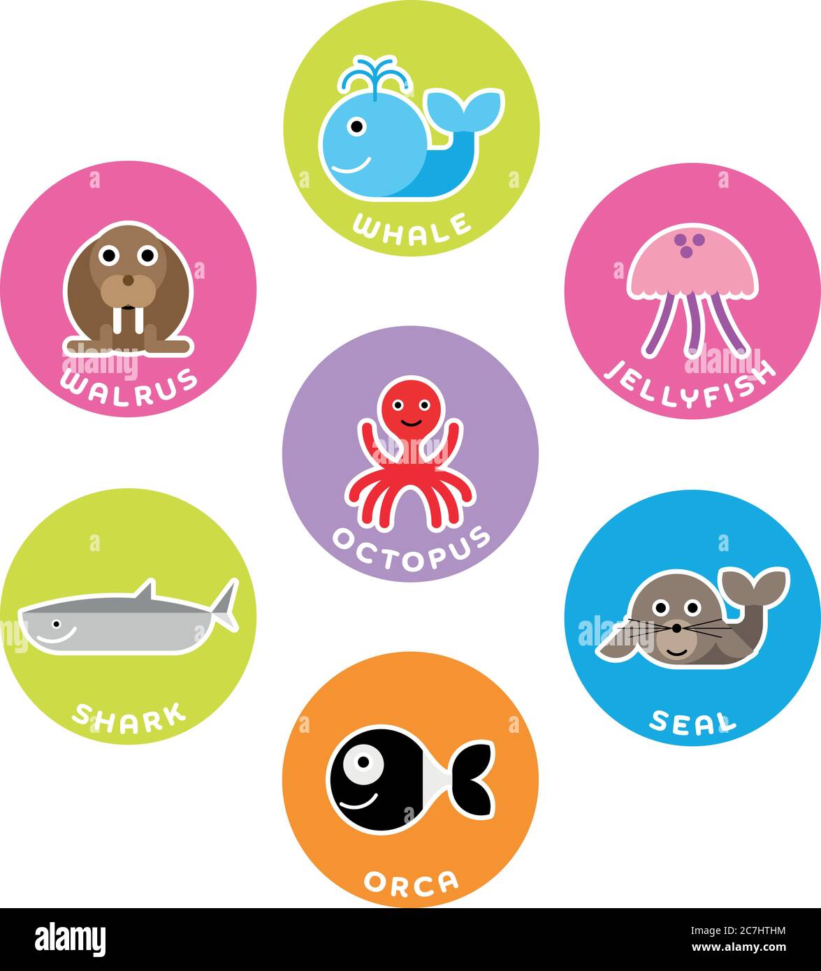 Colección de animales marinos y oceánicos. Juego de 7 personajes de dibujos  animados en el círculo con etiquetas de nombre. Ilustración vectorial  Imagen Vector de stock - Alamy