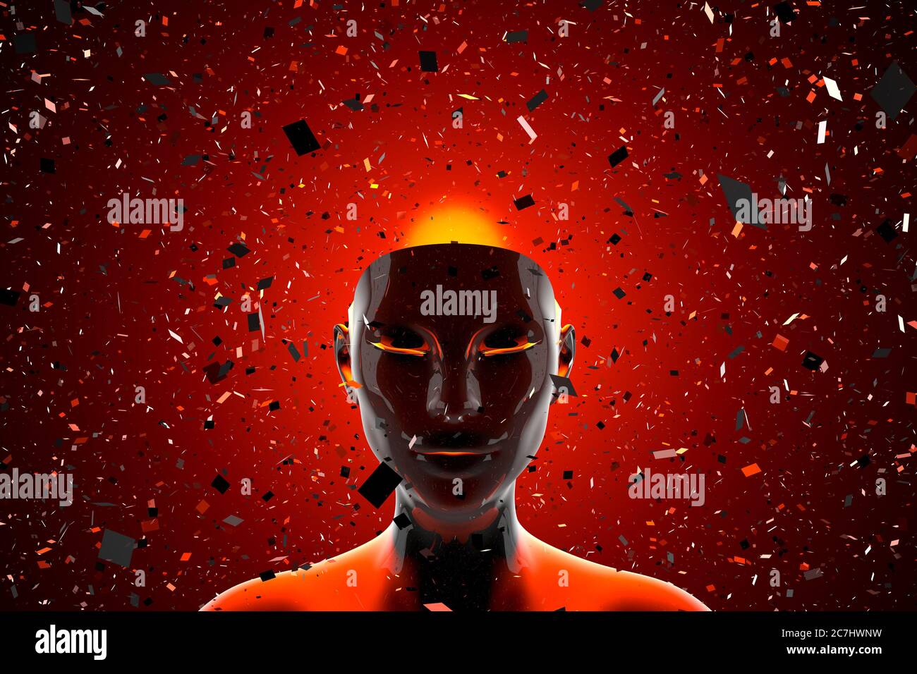 Ilustración 3D de una cabeza disolviendo en fragmentos que simbolizan una mente pensante o una inteligencia artificial. Foto de stock