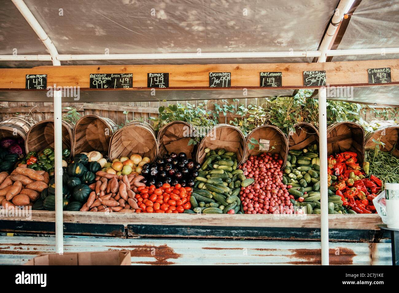 Hay un puesto de frutas y verduras frescas o un mercado de productos al borde de la carretera en Tampa, Florida. Foto de stock