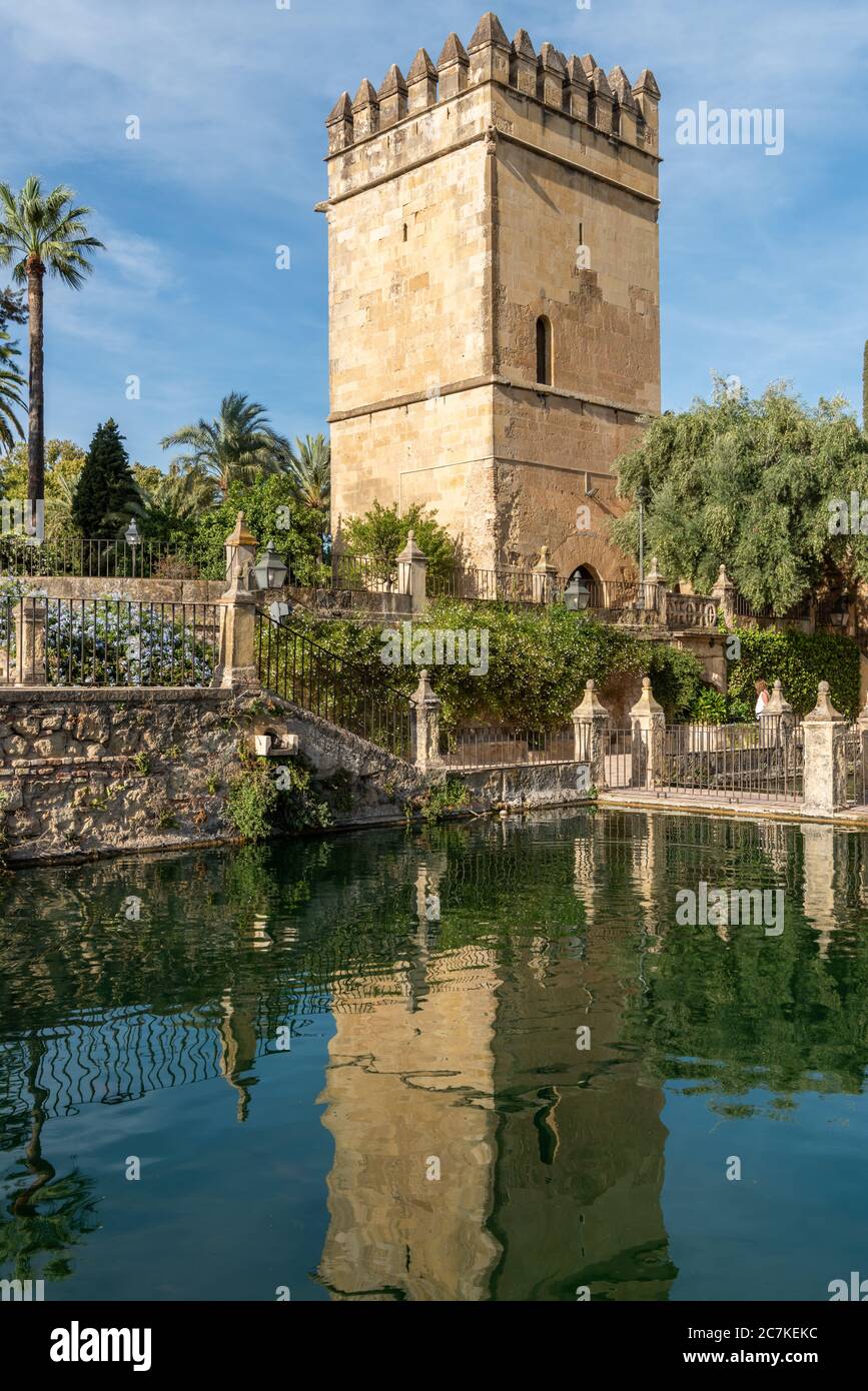 La plaza Torre de los Leones (La Torre de los Leones) reflejada en una de las piscinas del Jardín Medio de Córdoba Alcázar de los Reyes Cristianos, Foto de stock
