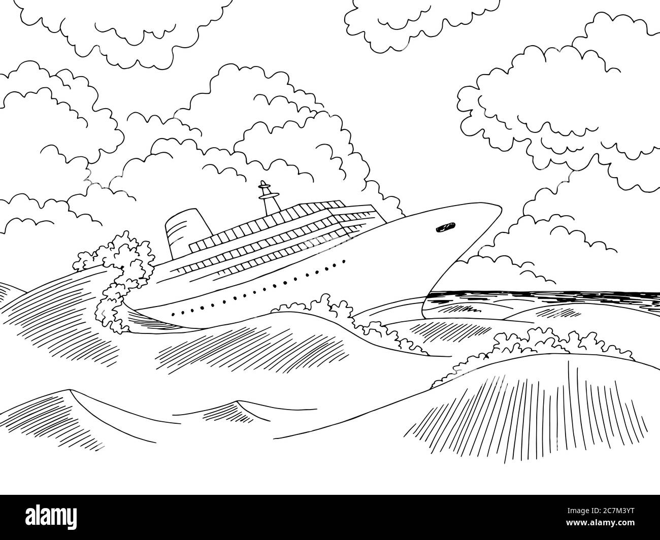 Barco naufragio gráfico negro blanco paisaje dibujo vector ilustración Ilustración del Vector