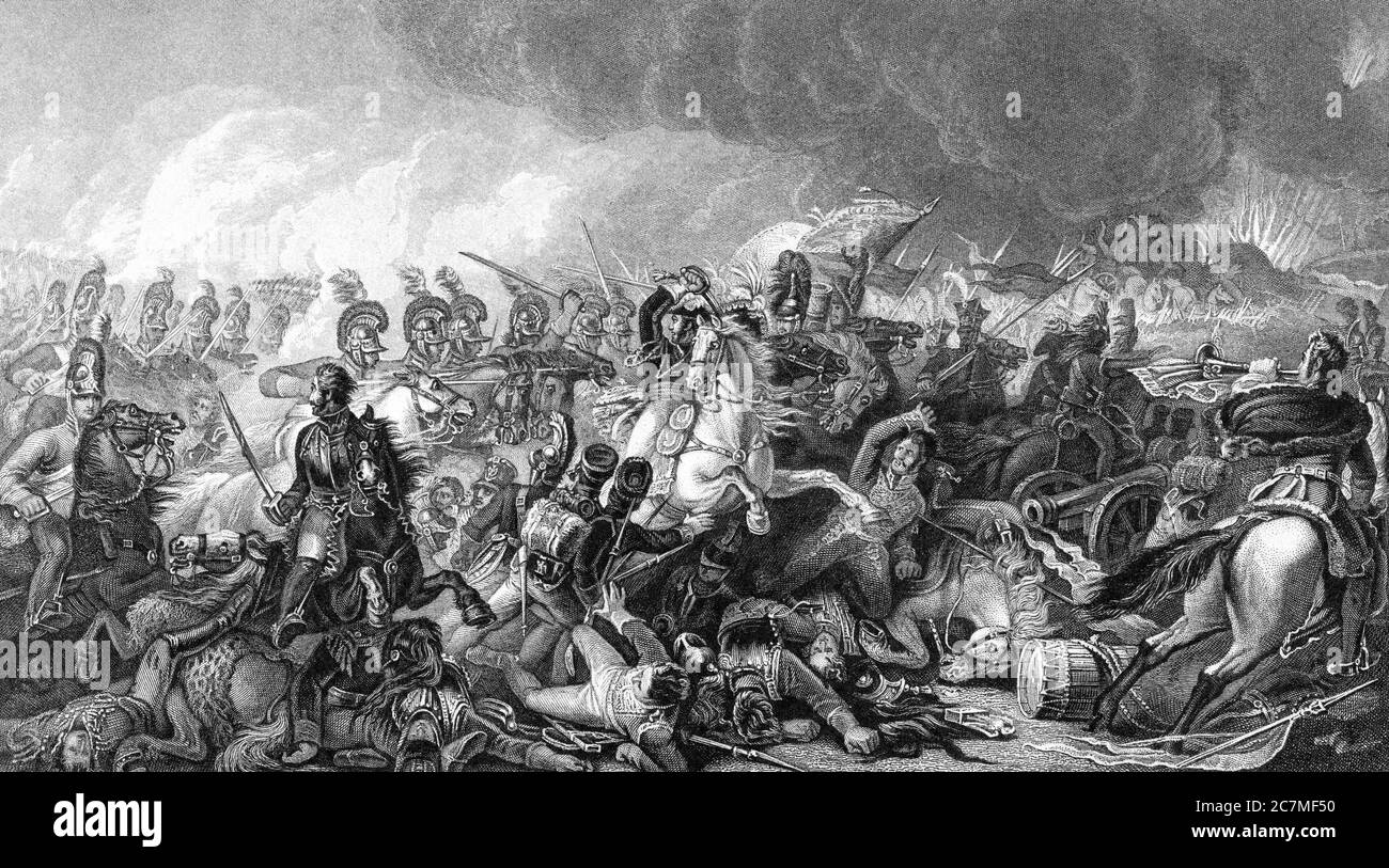 Una imagen grabada de la ilustración de la época del duque de Wellington con su ejército en la batalla de Waterloo de un libro victoriano de 1886 que no es l Foto de stock