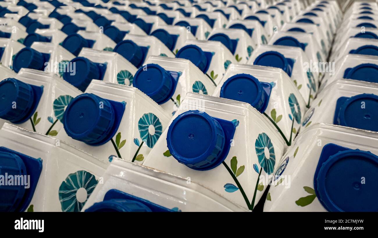 Primer plano de docenas de botellas de leche de plástico industrial en una línea bien organizada Foto de stock