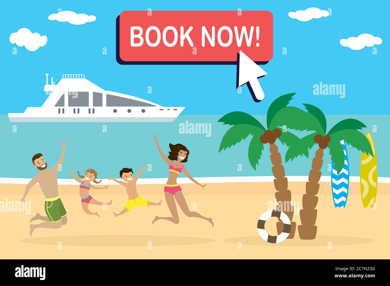 Paisaje tropical de dibujos animados, feliz familia saltando en la playa, botón rojo-libro ahora, plano vector ilustración Imagen Vector de stock - Alamy Paisaje tropical de dibujos animados, feliz familia saltando en la playa, botón rojo-libro ahora, plano vector ilustración Imagen Vector de stock - Alamy