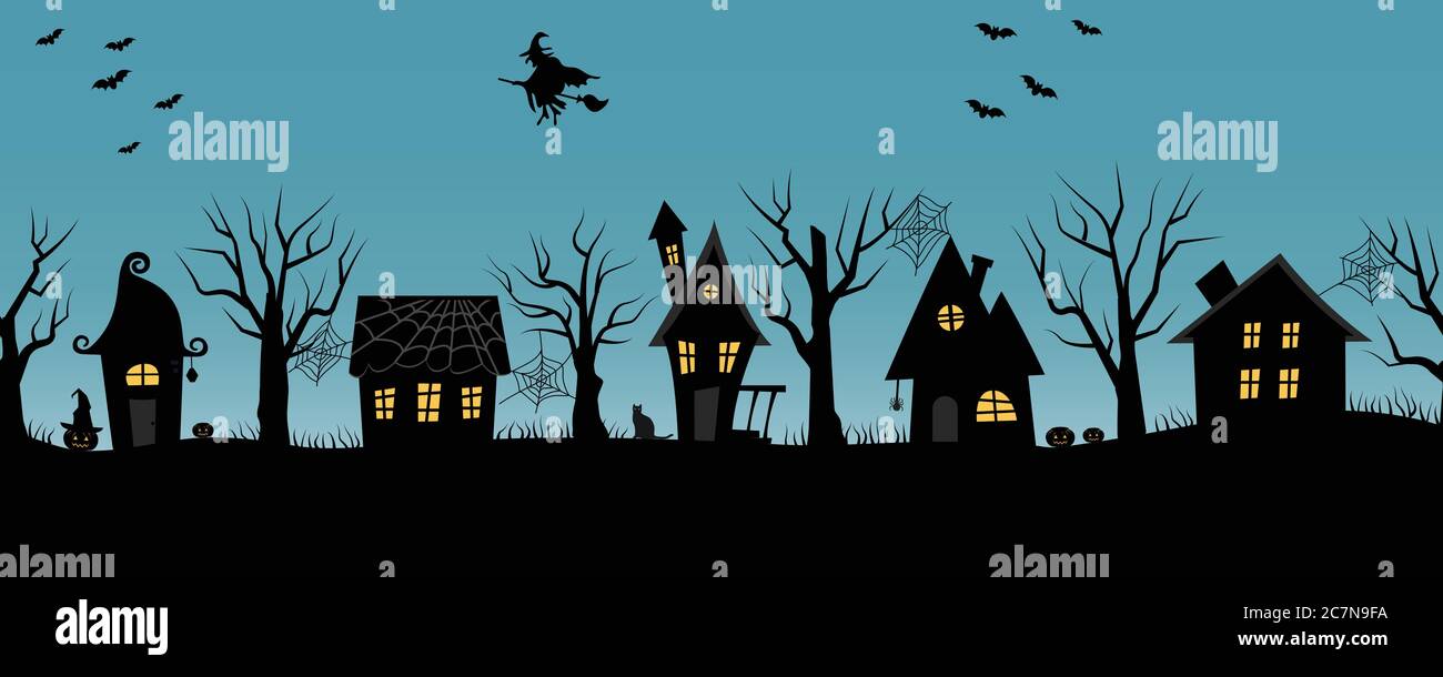 Casas de Halloween. Pueblo espeluznante. Borde sin costuras. Siluetas  negras de casas y árboles sobre fondo azul. También hay murciélagos,  calabazas aquí Imagen Vector de stock - Alamy