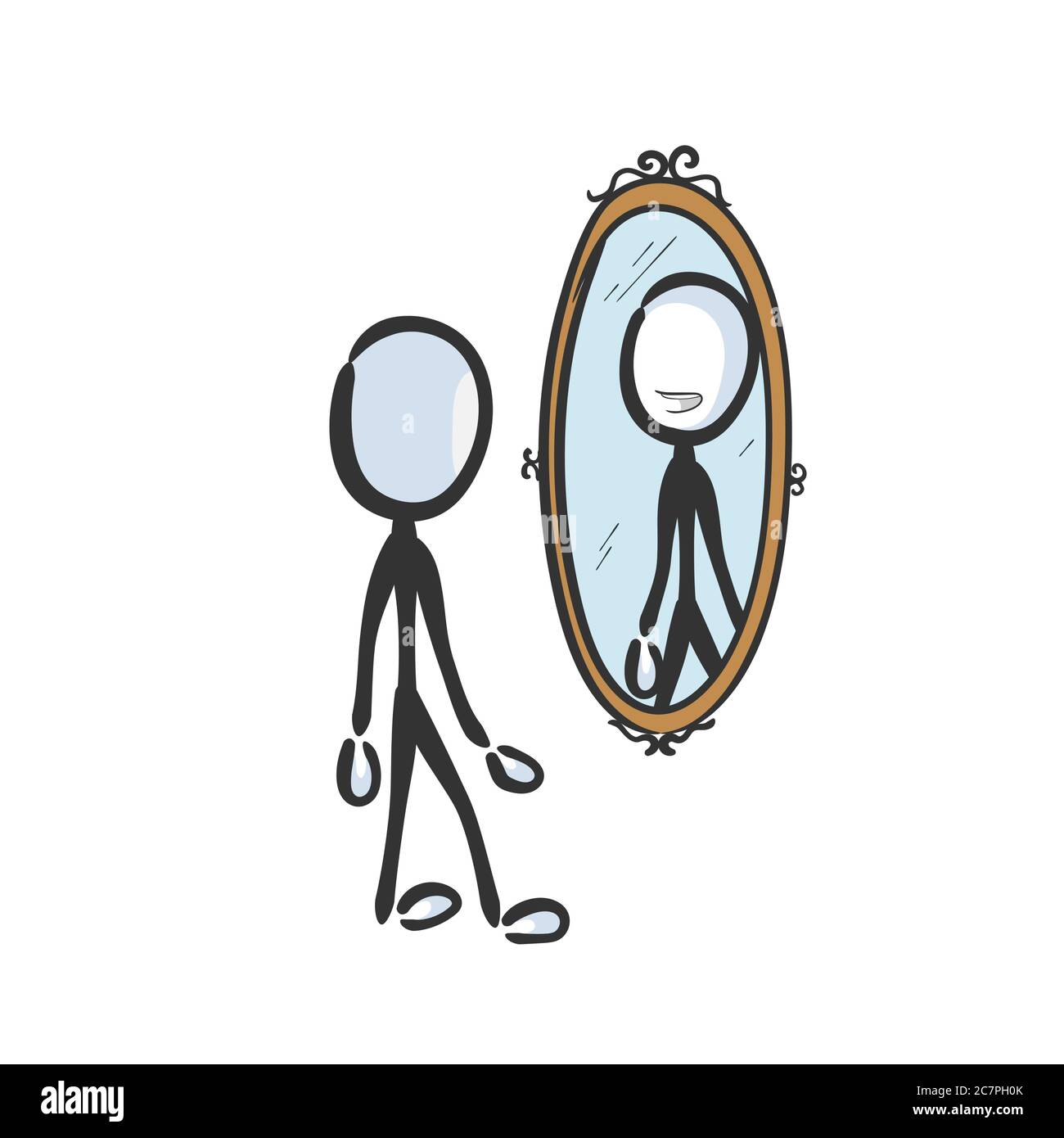 Hombre sonriente feliz mirando en espejo. Vector simple autoestima  reflexión en el espejo. Stickman no cara clipart dibujos animados. Dibujado  a mano. Boceto de fideos Imagen Vector de stock - Alamy