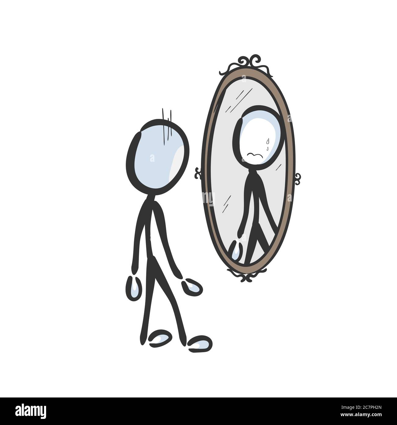 Triste hombre llorando mirando en el espejo. Vector simple baja autoestima  reflexión en el espejo. Stickman no cara clipart dibujos animados. Dibujado  a mano. Boceto de fideos Imagen Vector de stock -