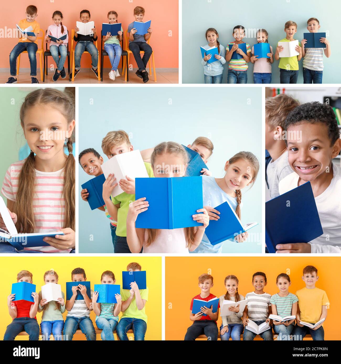 Collage de fotos con niños pequeños y lindos leyendo libros Fotografía de  stock - Alamy