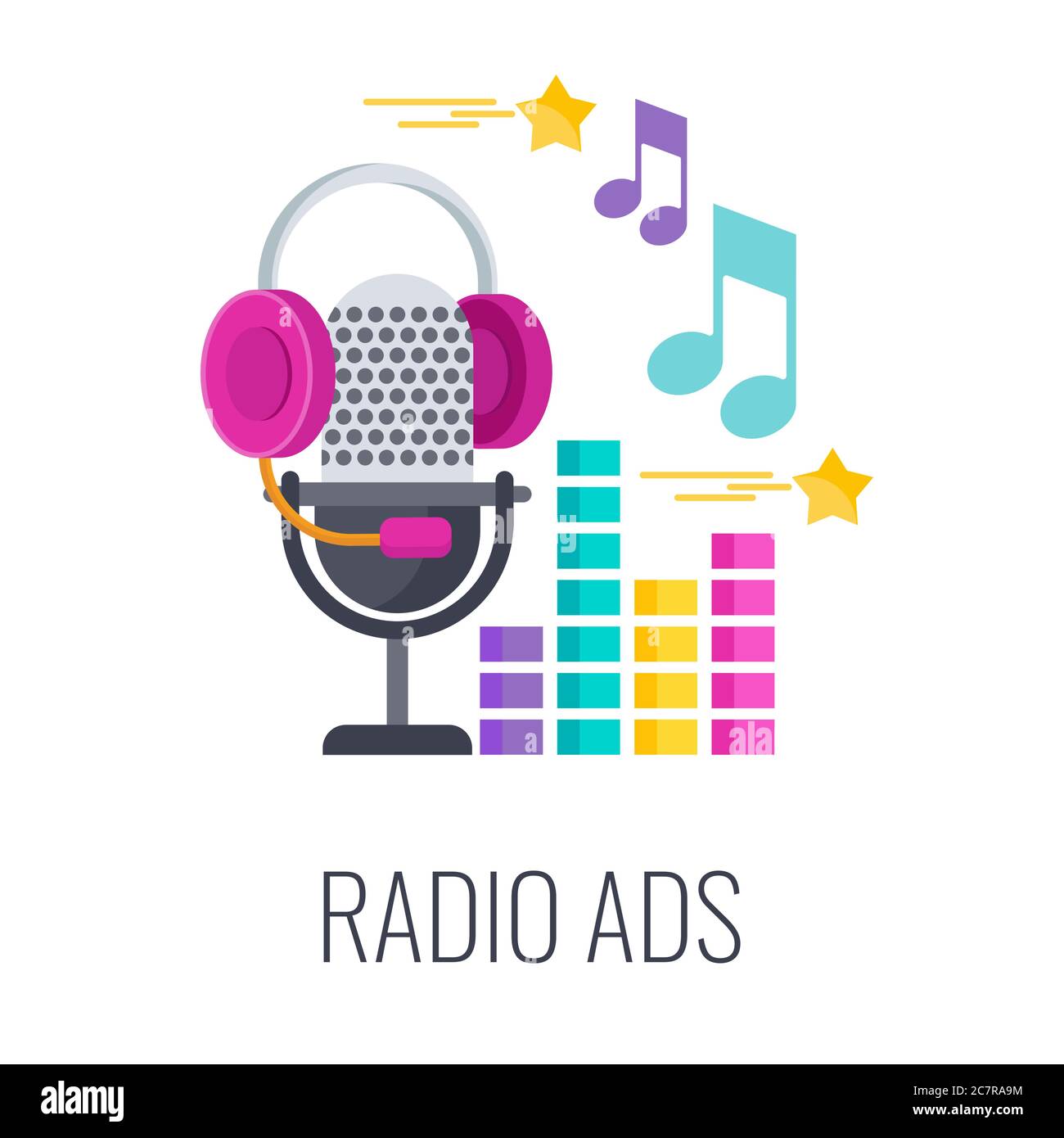 Icono de anuncios de radio. Micrófono de radio con auriculares Vector de stock - Alamy
