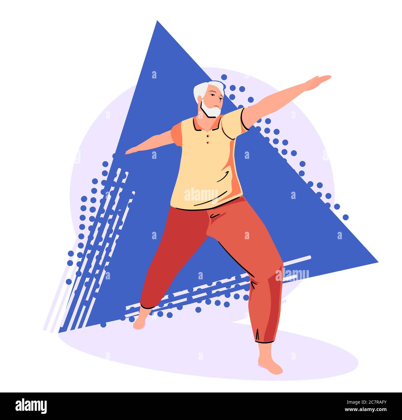 Hombre mayor haciendo ejercicios de yoga sobre fondo abstracto. Toda la longitud de carácter maduro en la pose de guerrero aislado en blanco. Equilibrio estilo de vida activo. Moderna persona anciana plana Virabhadrasana. Ilustración del Vector