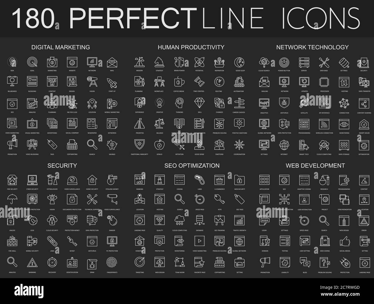 180 modernos iconos de línea fina sobre fondo negro oscuro. Marketing digital, productividad humana, tecnología de red, seguridad cibernética, optimización SEO, desarrollo web Ilustración del Vector