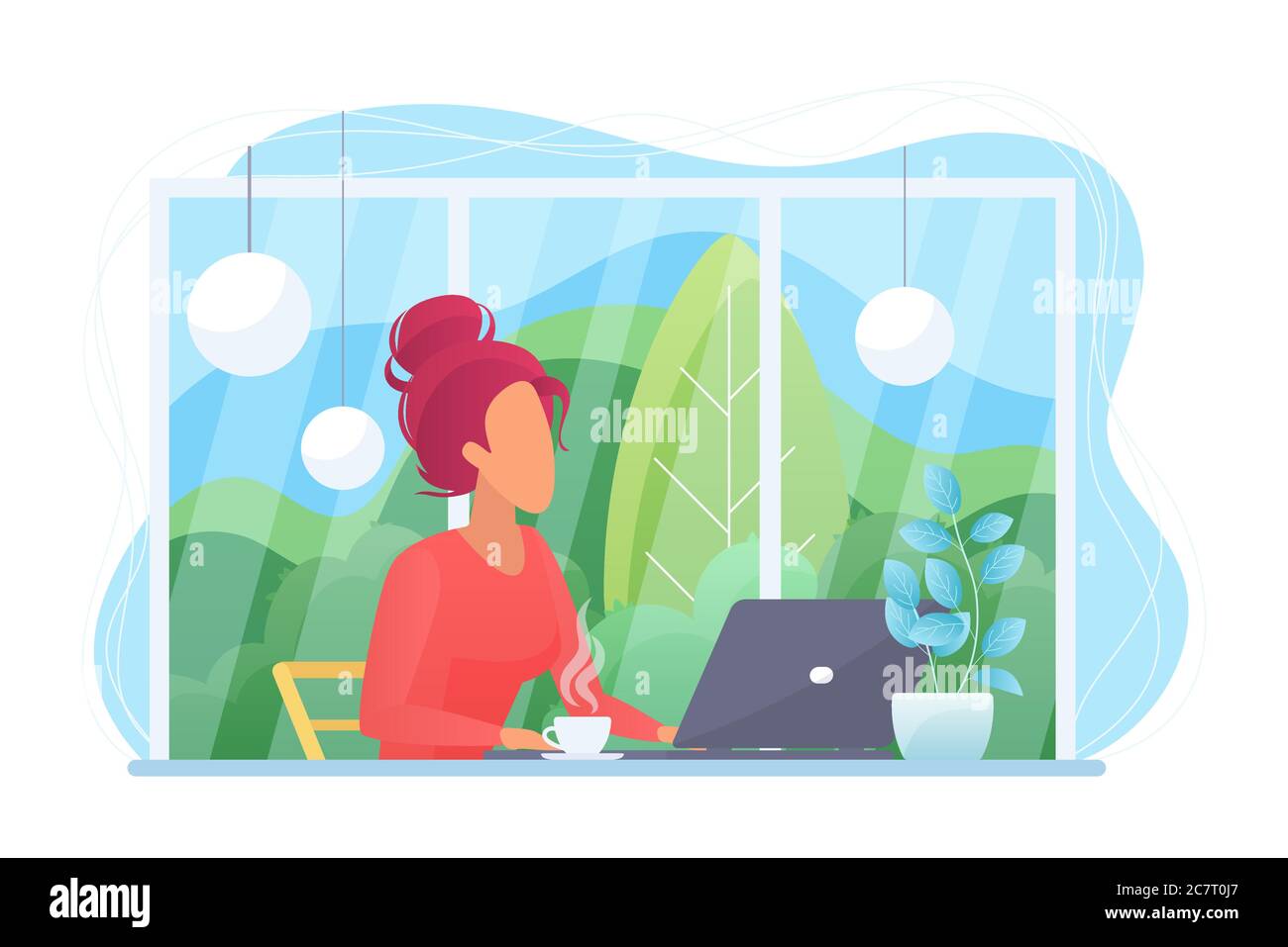 Mujer con portátil en café plano vector ilustración. Careta de dibujos animados carácter femenino con ordenador trabajando desde casa. Estudiante con ultrabook en la cafetería. Chica haciendo trabajo remoto. Trabajador independiente Ilustración del Vector