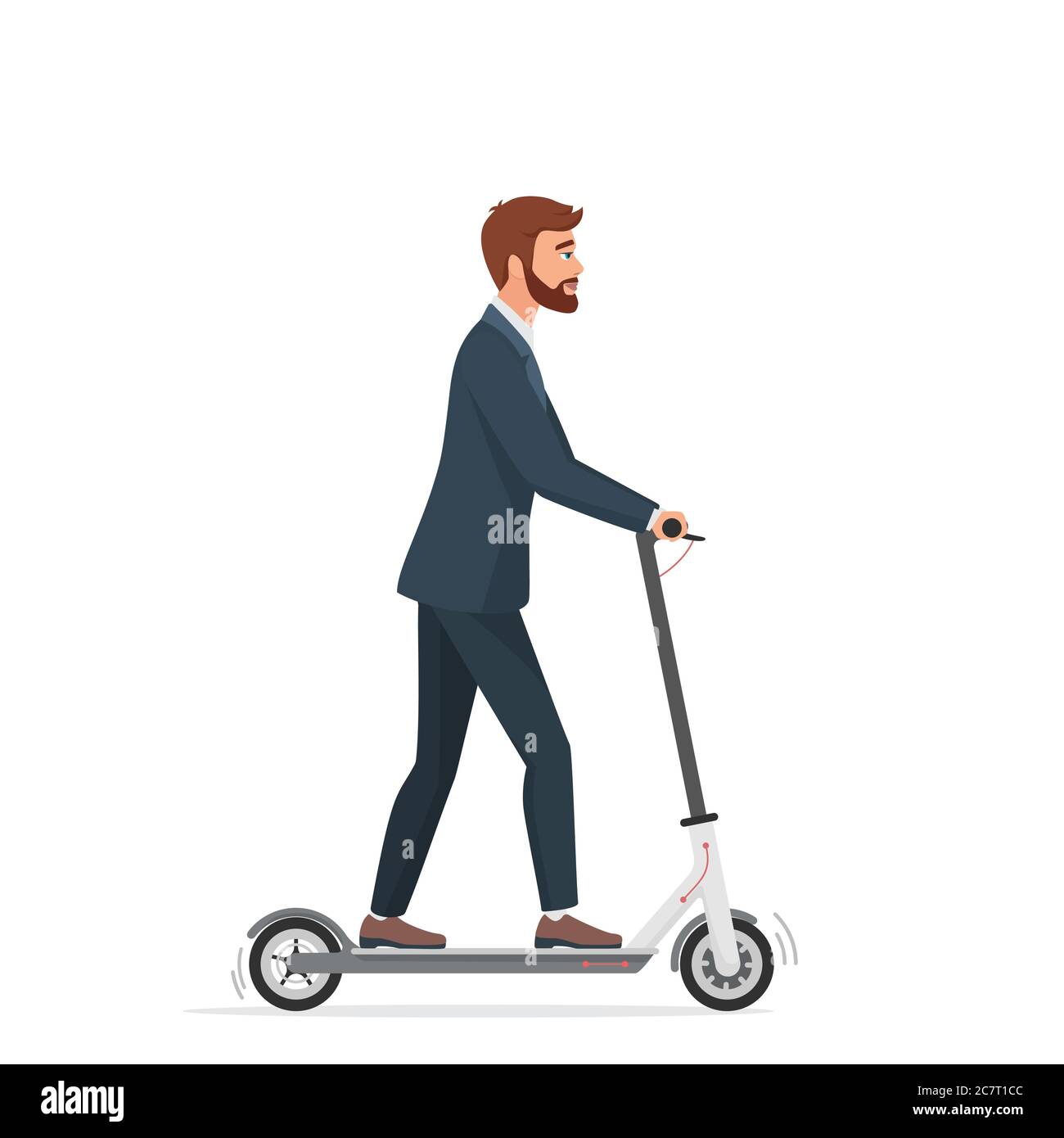 Hombre en scooter eléctrico plano vector ilustración. Hombre de carácter de  dibujos animados montar ecológicamente limpio vehículo urbano. Chico en  traje usando un transportador personal moderno. Hombre de negocios en e- scooter va