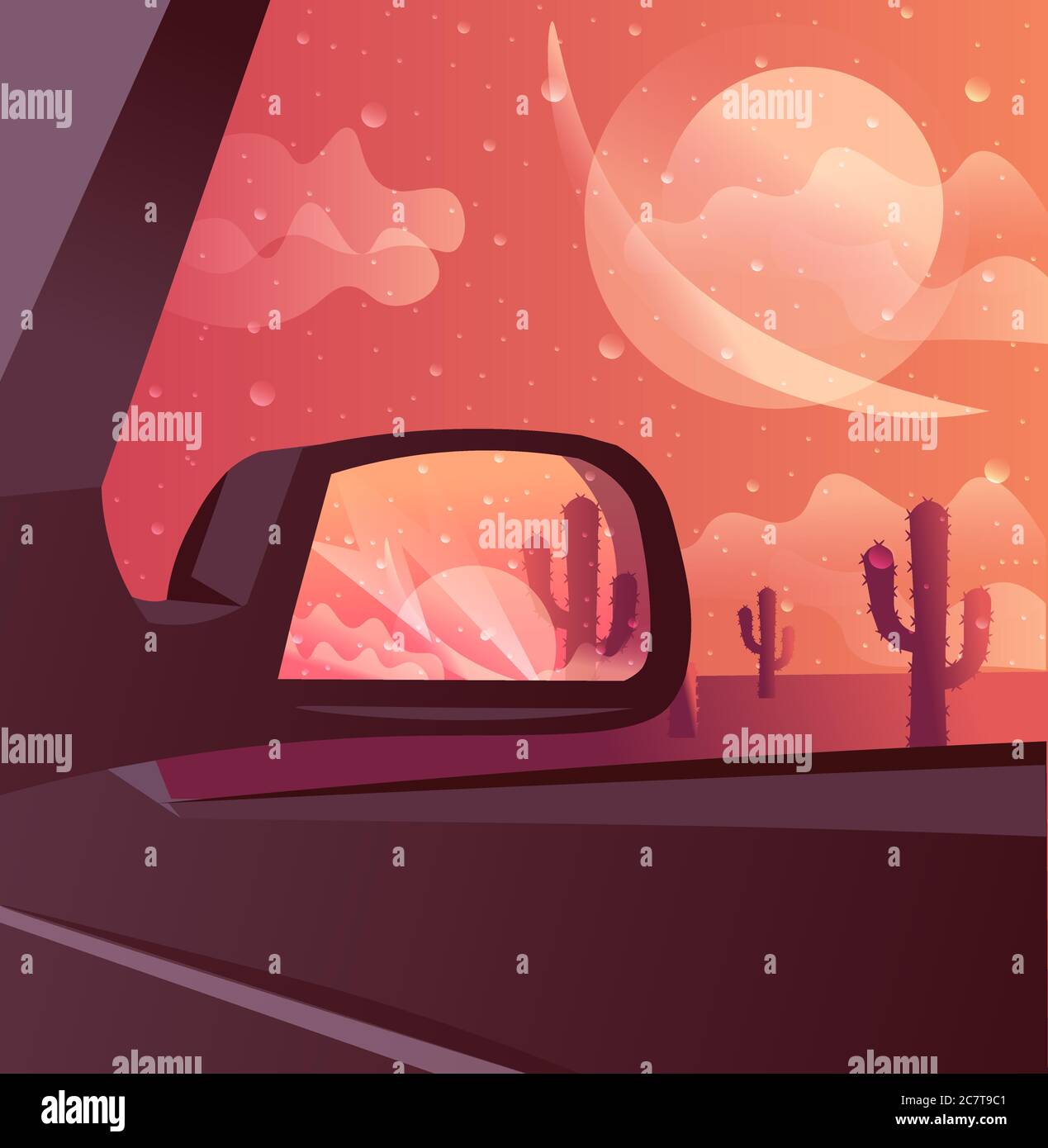 Paisaje de puesta de sol en el desierto con cactus bajo el crepúsculo visto desde el espejo retrovisor del coche. Ilustración del Vector