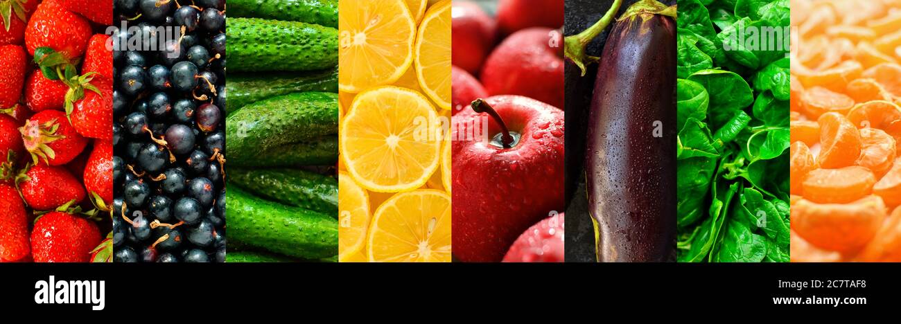 Verduras y frutas maduras jugosas. Alimentos frescos y saludables. Vegetarianismo y veganismo. Collage de comida. Collage de verduras. Una variedad de alimentos vegetales. Foto de stock