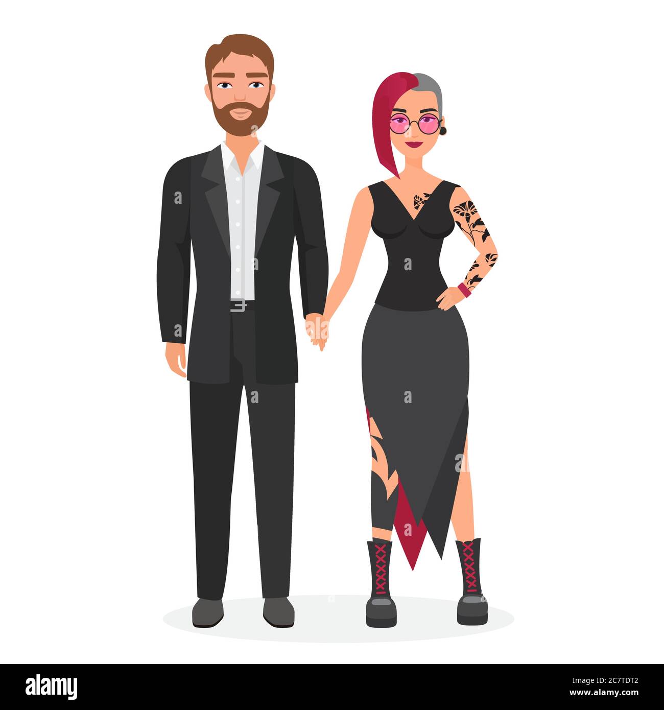 Lindo original pareja hombre y mujer plano vector ilustración. Chica no  conformista en ropa de moda alternativa con novio en traje clásico de  negocios. Matrimonio desigual, pareja extraña Imagen Vector de stock -