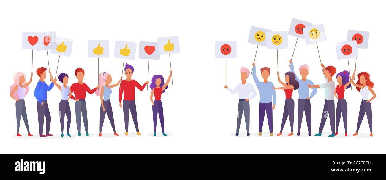 La gente que sostiene emoji emociones carteles plano vector ilustración. Concepto de satisfacción social y cuestiones de estratificación. Grupos comunitarios protestando y expresando sentimientos Ilustración del Vector
